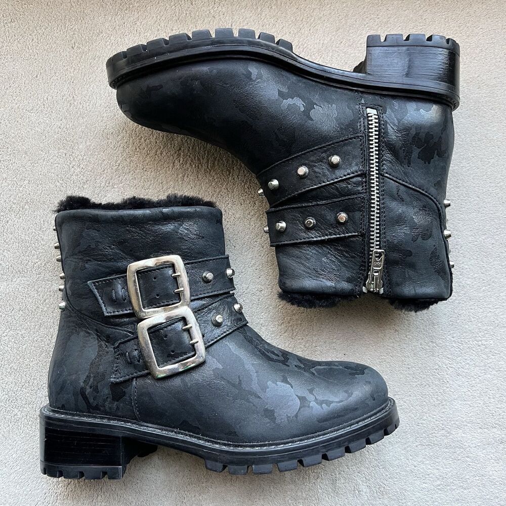 Ross & Snow Stefana Black Camo Leather Boot Women 5 Moto Biker Grunge Punk